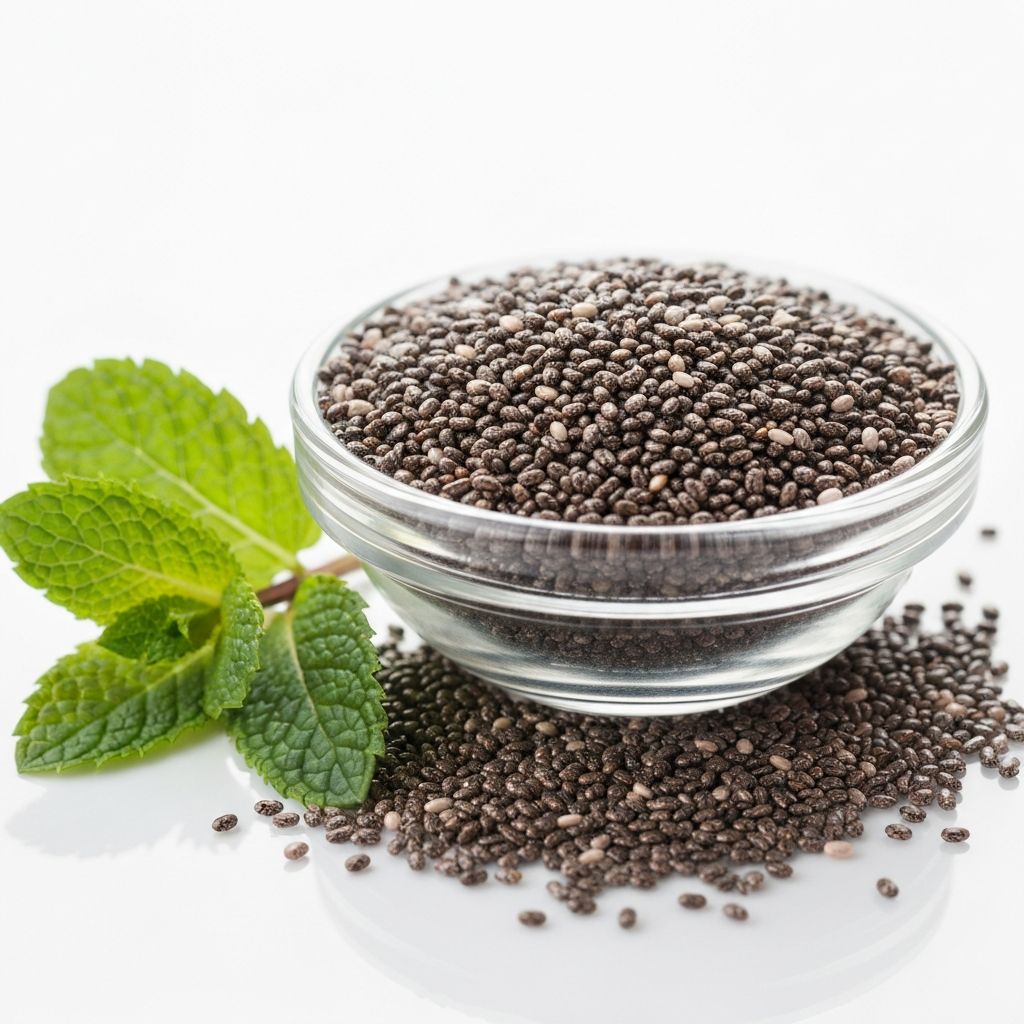 Black chia seeds in a glass bowl