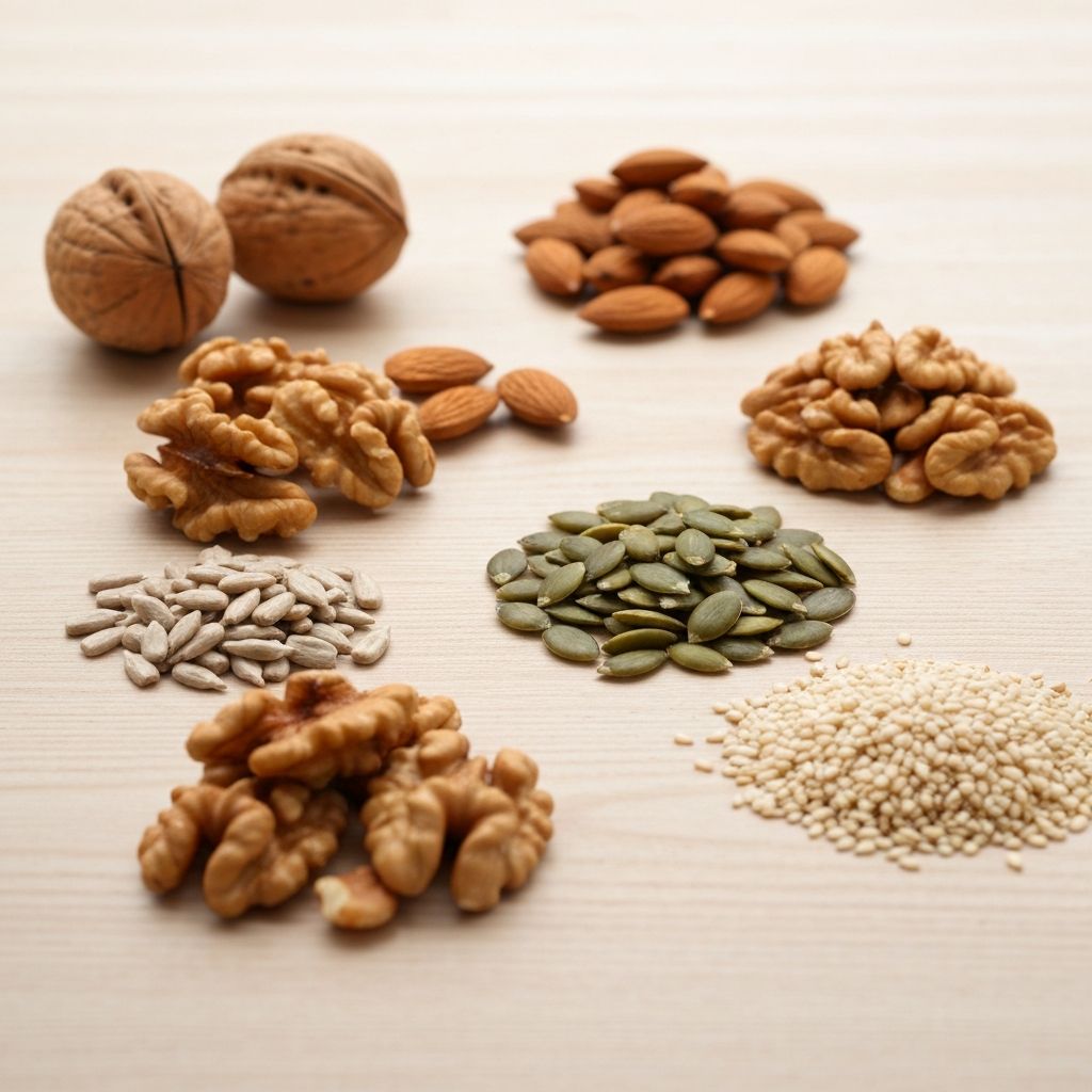 Variety of nuts and seeds including walnuts and sunflower seeds